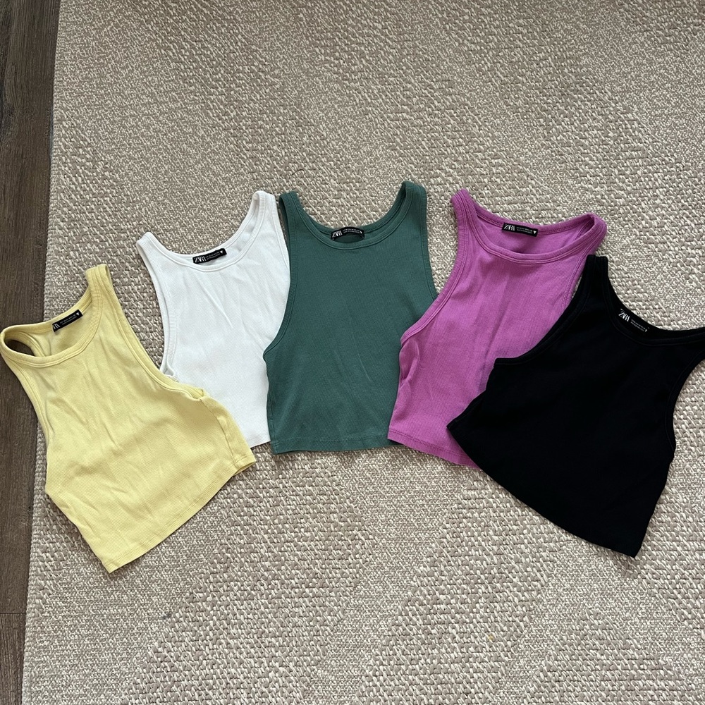 Five Zara Cropped Ribbed Tank Top Set in Black, White, Yellow, Green, fuschia
